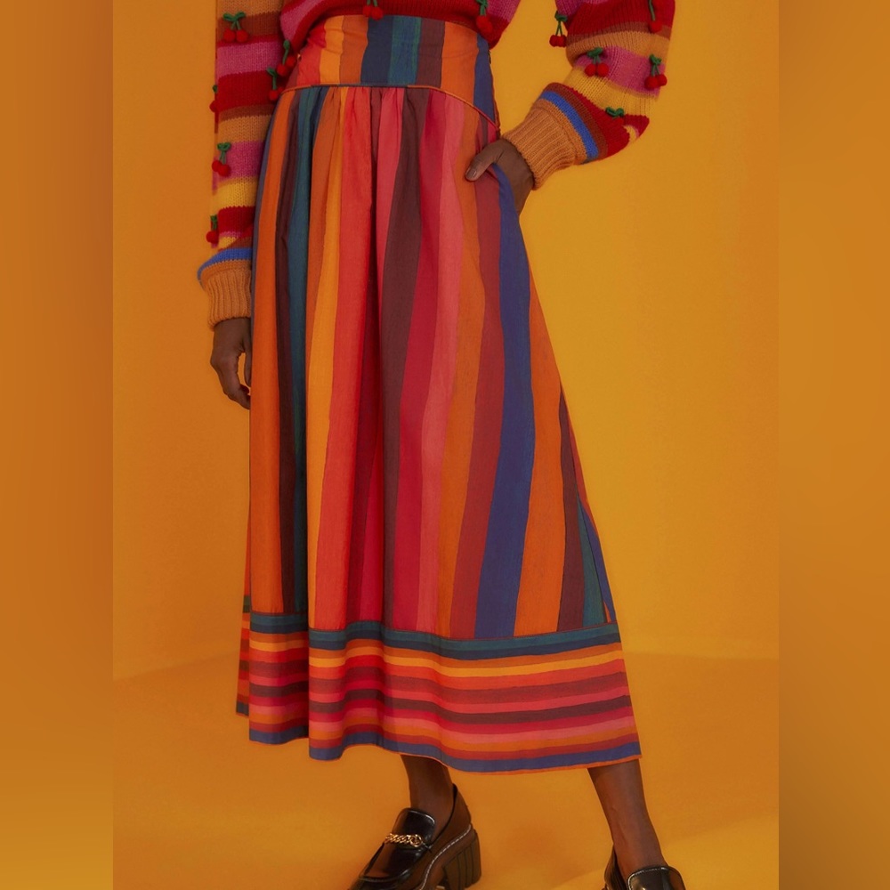 Farm Rio Banana Sky Stripes Organic Cotton Midi Skirt